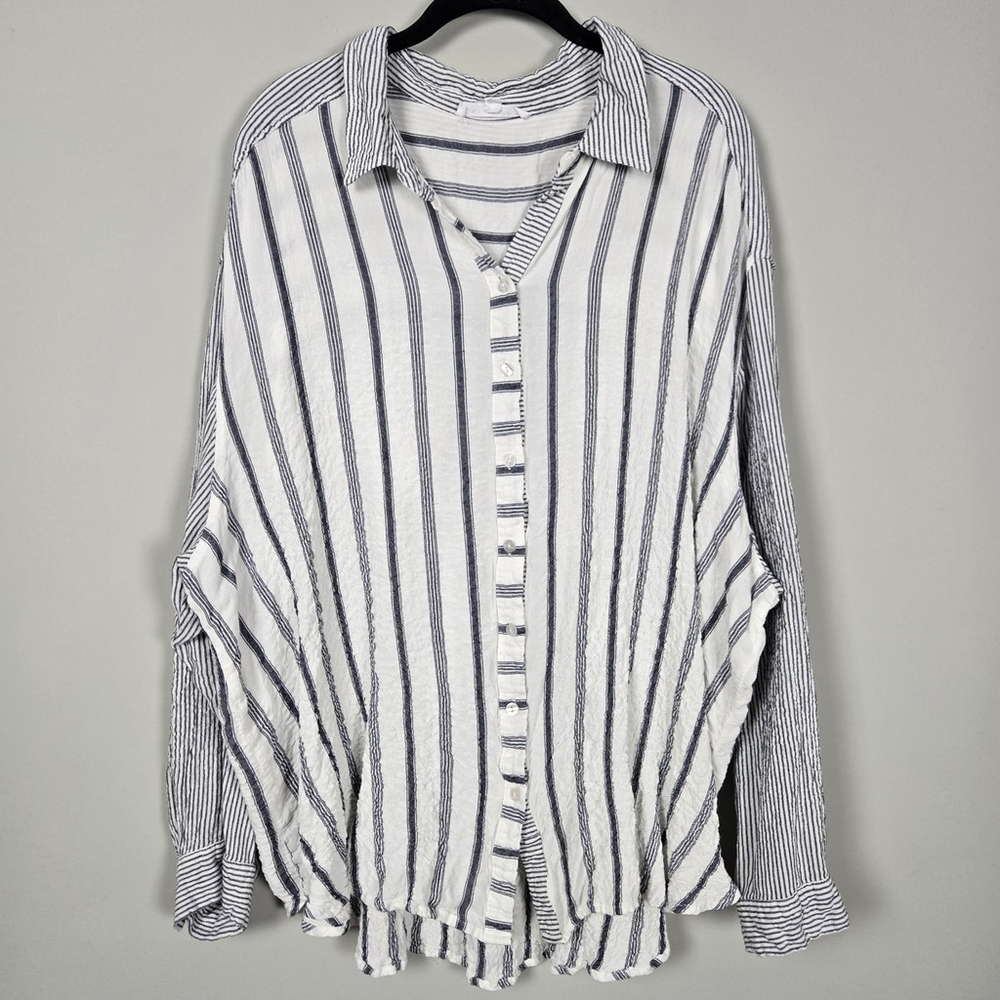 Jane & Delancey Womens Seersucker Button Up Top 3X Grey Striped Beachy Oversized